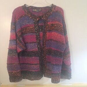 Vintage Le Roy Knitwear Women's Large Purprle Stripe Confetti Cardigan Sweater